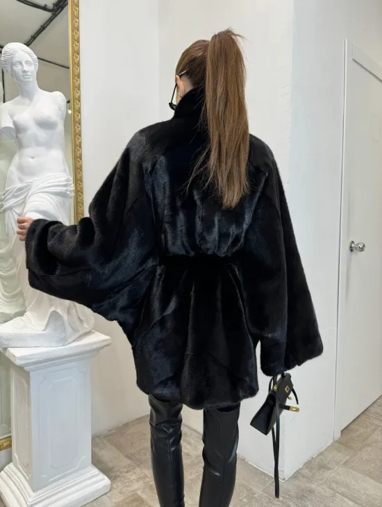 Шуба летучая мышь мех NAFA , стойка воротник - цвет черный бриллиант - фото 4