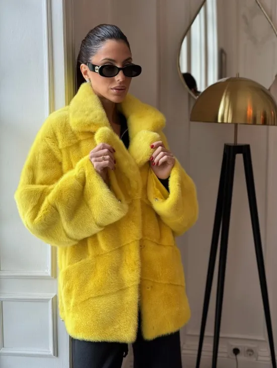 Норковый полушубок английский воротник, паркет - цвет лимонный - фото 0