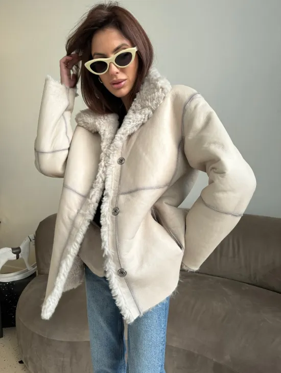 Дубленка двусторонняя из натурального меха тиградо - стойка воротник - фото 1