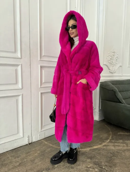 Норка кимоно с капюшоном, паркет - цвет фуксия - фото 3